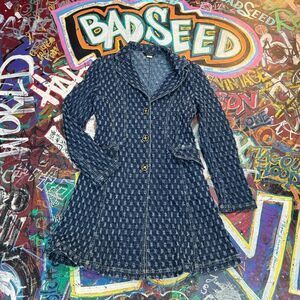 Deesse Distressed Denim Dress (S) – Long Sleeve Button-Up Textured Flare Dress